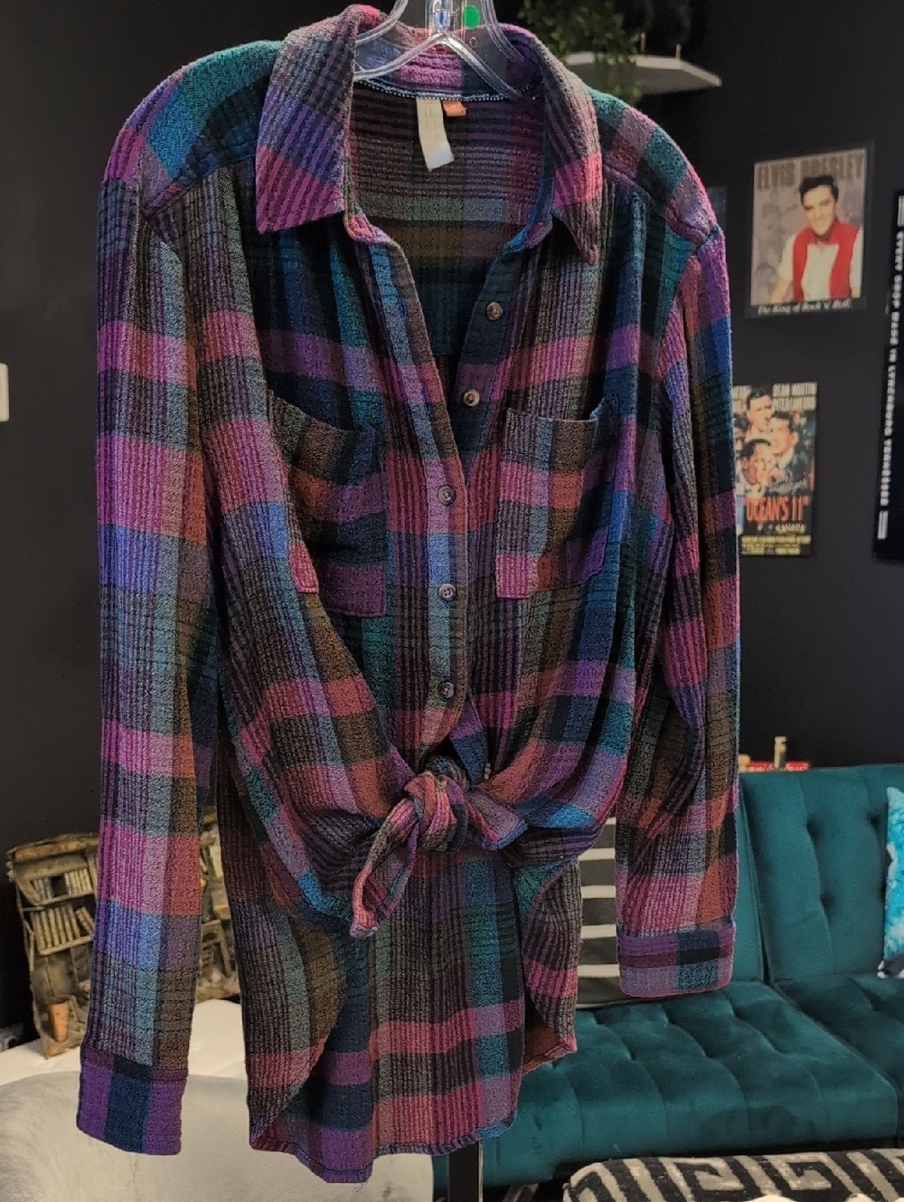 Pilcro Teal, Purple & Black Plaid Shirt